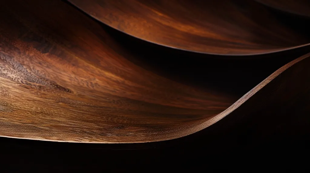 The image shows a close-up of two curved wooden surfaces, likely part of a piece of furniture. The wood is a rich, dark brown with visible grain patterns, and the curves create a sense of depth and flow. The lighting is dramatic, casting deep shadows and highlighting the texture of the wood. The image is abstract and minimalist, focusing on the beauty of the wood itself.