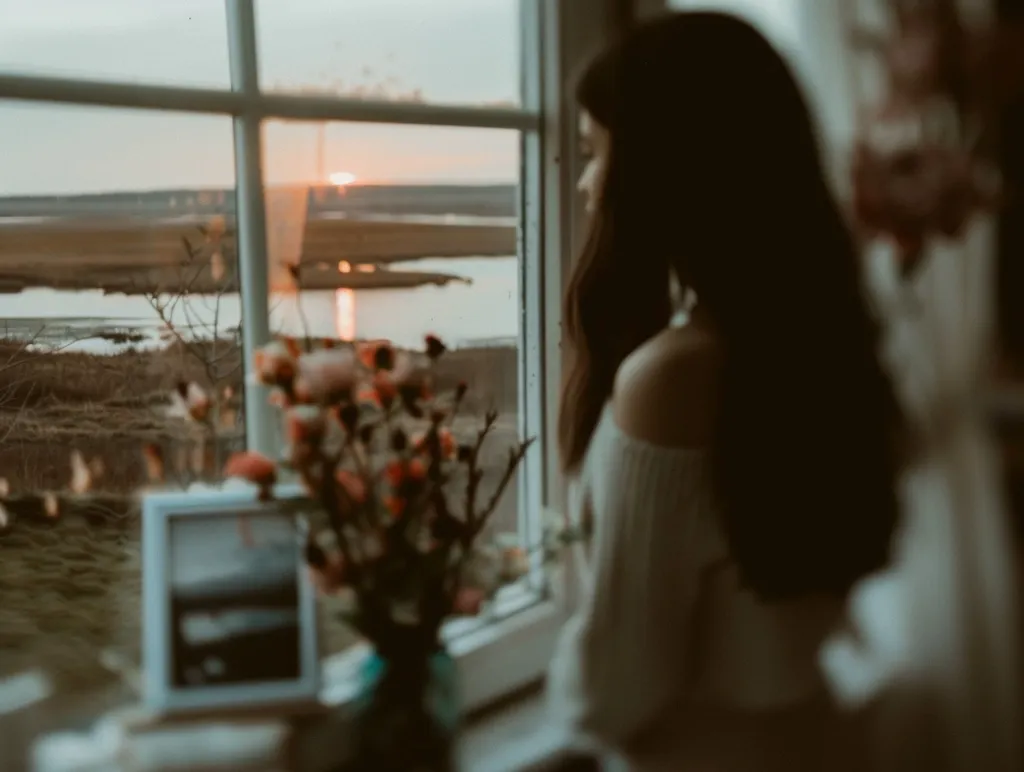 A woman with long dark hair sits by a window, looking out at a distant landscape.  The scene is framed by a white windowpane, and the light coming through the window creates a soft glow on her face.  The woman is wearing a white sweater, and her body is turned away from the camera.  A bouquet of flowers is in the foreground. The image has a dreamy, melancholic feel.