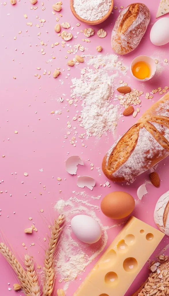 The image shows a variety of baking ingredients on a pink background. There are two loaves of bread, a bowl of flour, eggs, a block of cheese, wheat stalks, and a scattering of oats and almonds. The image is a celebration of the simple ingredients that go into baking.