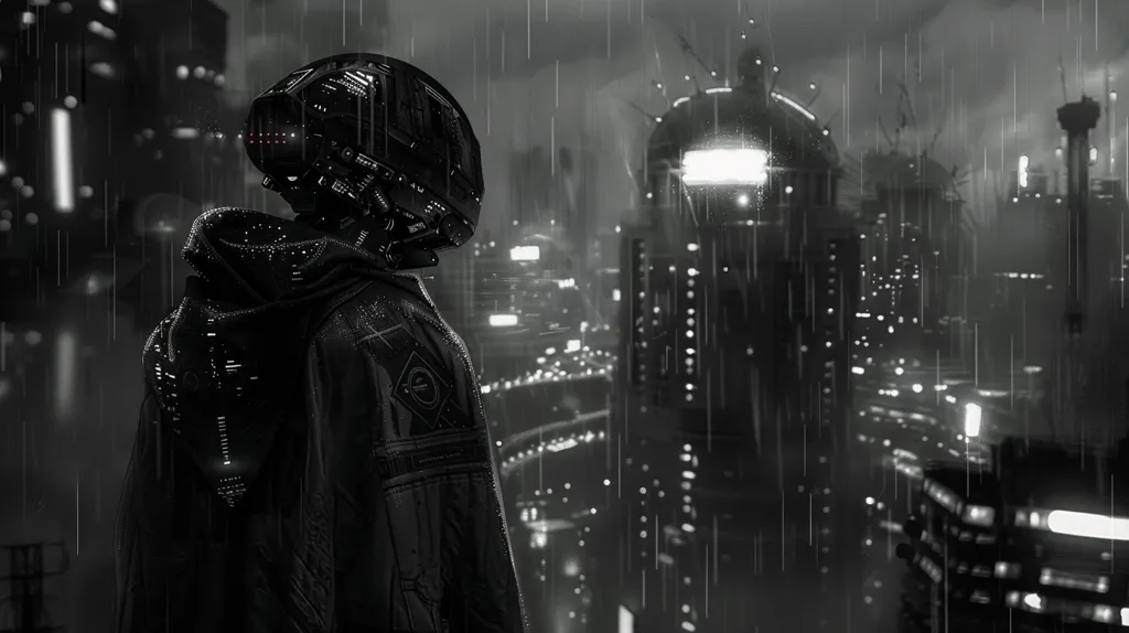 A lone figure in a futuristic helmet and hooded cloak stands silhouetted against a rain-soaked cityscape. The city is a dense network of towering structures, illuminated by scattered lights and a glowing orb in the distance. The image is rendered in shades of gray, creating a moody and atmospheric scene. The rain falls in sheets, blurring the details of the city and adding to the sense of isolation.