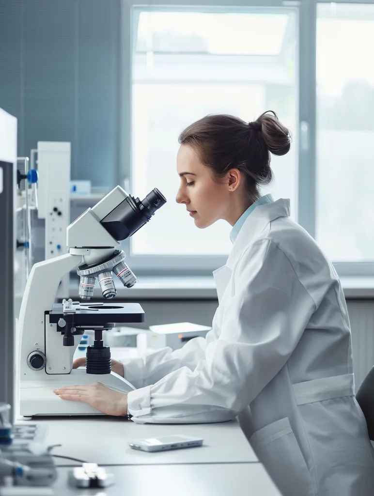 A woman in a white lab coat is looking through a microscope in a laboratory. Her hair is pulled back in a bun, and she has a serious expression on her face. The microscope is on a white table, and there is a window in the background. The woman is intently focused on her work.  The image conveys a sense of scientific exploration and discovery.