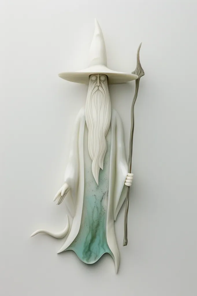 The image is of a white ceramic sculpture of a wizard. He wears a long white robe and a pointed hat, and carries a staff. The wizard has a long white beard and a calm expression. The sculpture is set against a white background, creating a stark contrast. His robe has a green undergarment that is visible. The image is likely depicting a fantastical figure.