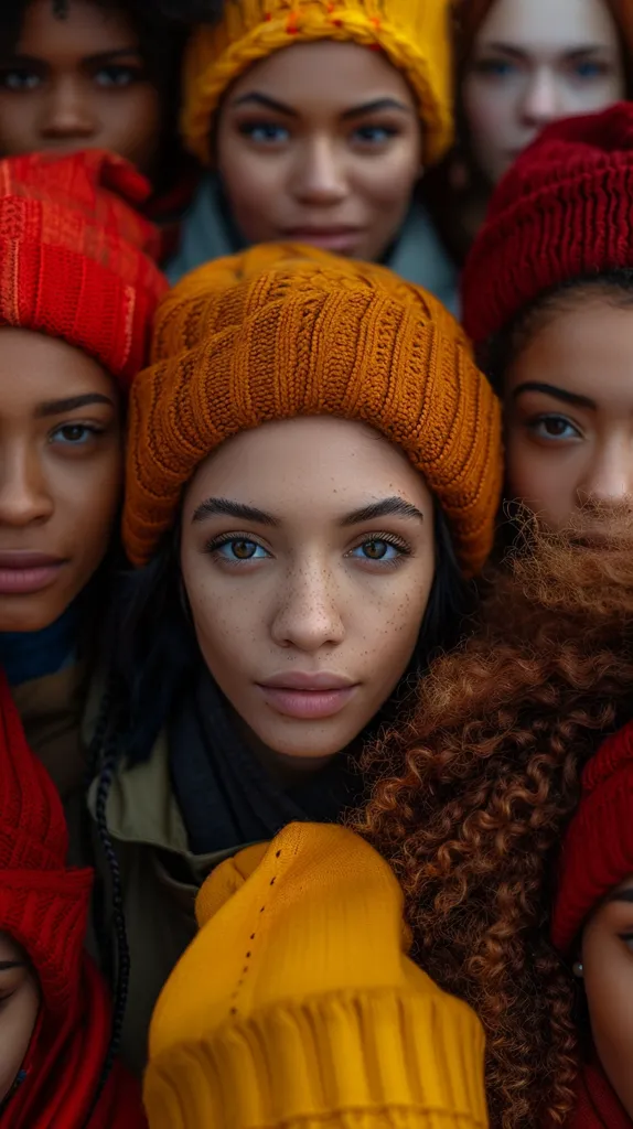 A group of young women, all wearing knit hats in a variety of colors, look at the camera. The woman in the center has a bright orange hat and freckles on her face.  Her eyes are highlighted by the sunlight. A woman in a red hat and another woman in a yellow hat are looking to the side of the frame. The lighting creates warmth and depth.  Their expressions are a mix of curiosity and seriousness.