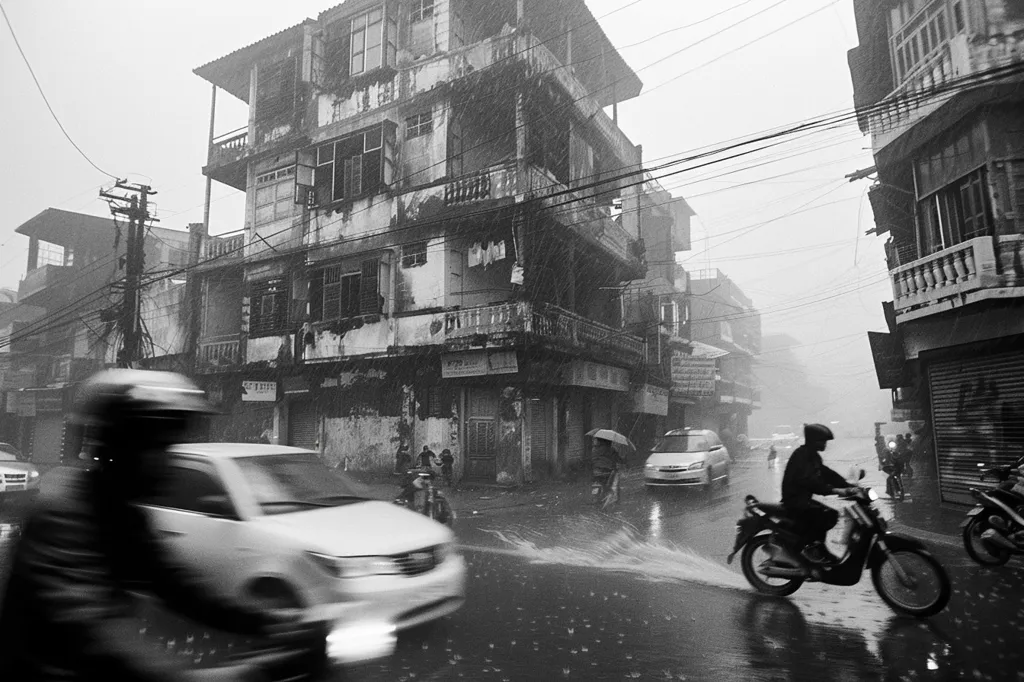 A black and white photo of a city street during a rainstorm. A person on a motorcycle is driving through the flooded street, past a car, a tall building and other pedestrians. The rain is coming down hard, making the street slick and the buildings appear hazy.  There are power lines running overhead.  There is a general sense of hustle and bustle.