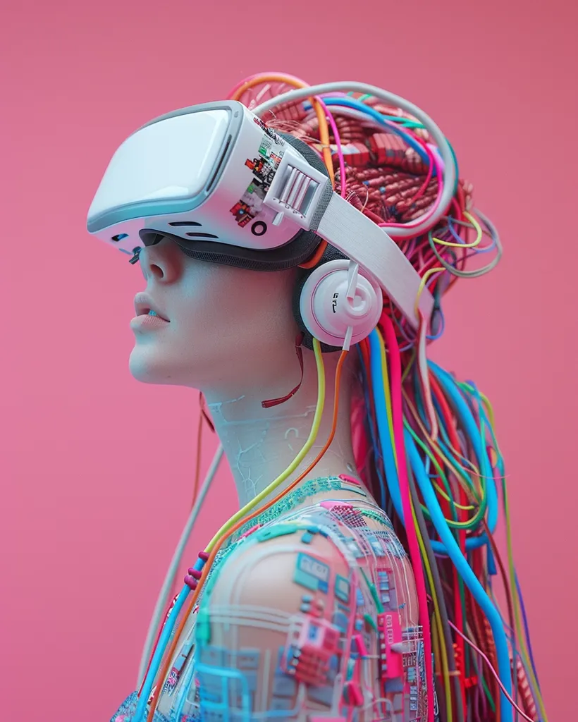 A woman with a futuristic, almost robotic appearance is wearing a white VR headset. She is connected to a multitude of colorful cables that appear to be intertwined with her body. The background is a vibrant pink, enhancing the futuristic and otherworldly theme. The image suggests a blend of technology and humanity, exploring the potential consequences of an increasingly digital world.