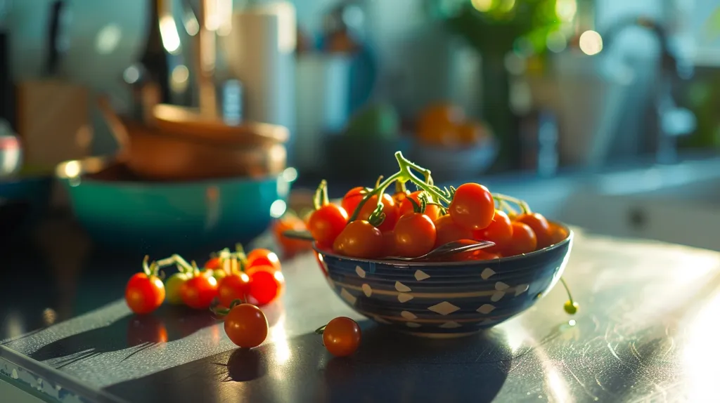 A bowl of ripe red cherry tomatoes sits on a kitchen counter.  The tomatoes are arranged in a cluster, and the bowl is blue and white with a geometric pattern.  Some tomatoes have fallen out of the bowl and are scattered on the counter.  The kitchen is bright and sunny, and there is a turquoise blue bowl out of focus in the background.