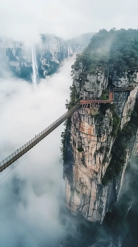 A long, narrow bridge stretches across a deep canyon, connecting two towering cliffs. The cliffs are shrouded in mist, creating a dramatic and ethereal atmosphere. A waterfall cascades down the cliff on the left, adding to the sense of awe and wonder.  The bridge, seemingly suspended in mid-air, is a testament to human ingenuity and the beauty of nature.