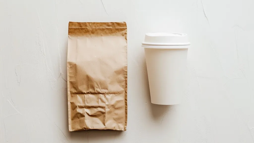 A brown paper bag and a white to-go coffee cup are placed on a textured white surface. The bag is folded and has a slight crinkle. The coffee cup has a white lid. The objects are positioned on the right side of the image, leaving empty space on the left.  The simple composition suggests a minimal and modern aesthetic.