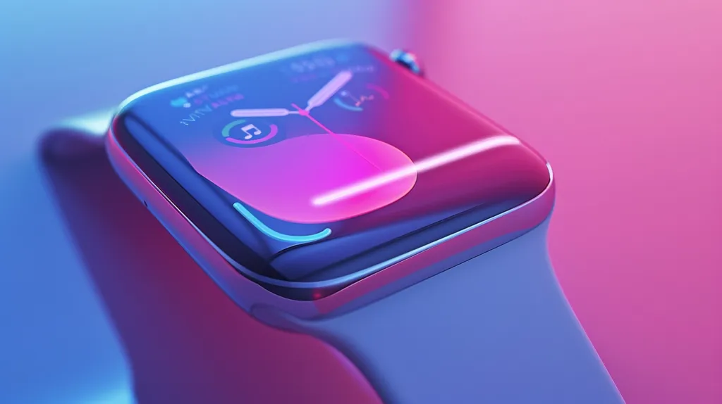 A close-up shot of a smartwatch with a sleek, silver body and a blue and pink band. The screen displays a digital clock with a glowing blue circle and a music icon, suggesting a fitness tracker or music playback feature. The image's bright color scheme and sharp focus highlight the smartwatch's design.