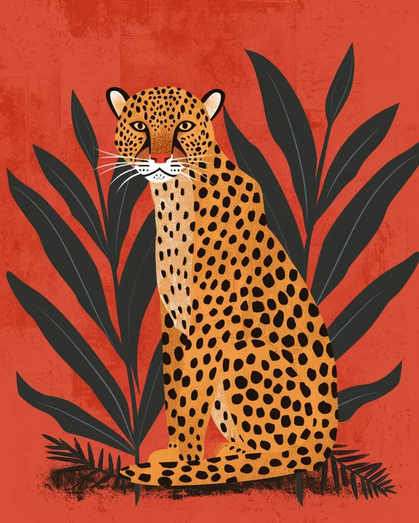A cheetah, with a distinctive spotted coat, sits amidst a vibrant orange background adorned with dark green foliage. The cheetah's gaze is direct, capturing a sense of focus and power. The contrasting colors and bold lines create a striking visual, showcasing the cheetah's beauty and the lushness of its natural habitat.