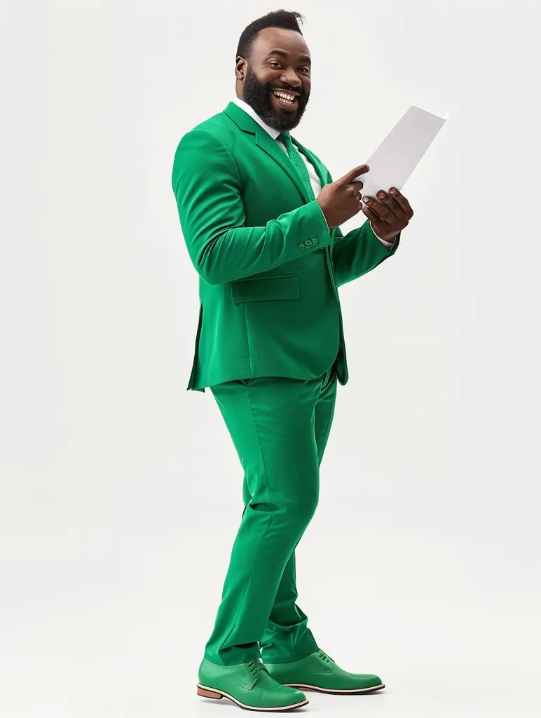 A man in a vibrant green suit is standing against a white background. He is smiling broadly and holding a white piece of paper. He is wearing matching green shoes and has a neatly trimmed beard. He looks confident and happy. The image conveys a sense of style and celebration.  The man's bright attire and infectious smile create a cheerful and lively atmosphere.  The blank paper he holds leaves room for imagination and possibility.
