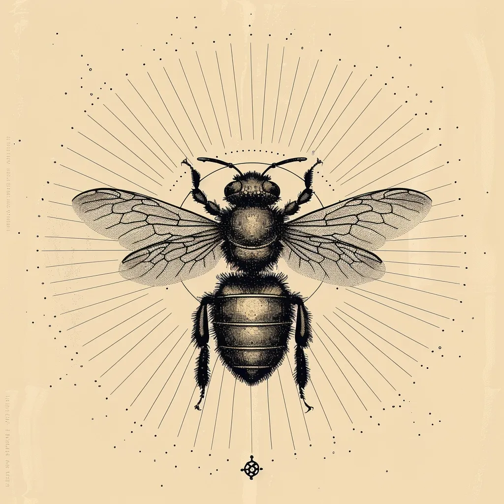 A detailed black and white illustration of a bee with its wings spread. The bee is in the center of the image, surrounded by a circular pattern of rays emanating from its body. The background is a pale yellow. The image has a vintage, almost scientific, aesthetic.