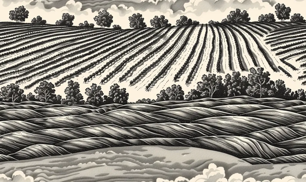 The image is a black and white illustration depicting a rural landscape. The foreground is filled with rolling hills, rendered in a textured style. In the background, a field of crops stretches towards the horizon, divided into neat rows.  A few scattered trees dot the landscape, providing visual interest. The scene evokes a sense of tranquility and the beauty of nature.
