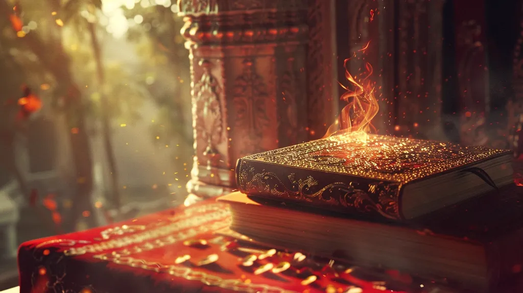 A golden, ornately-bound book rests on a wooden surface, illuminated by a warm, flickering light. A single, fiery flame dances above it, casting dancing shadows on the surrounding red surface. The scene evokes a sense of mystery and wonder, possibly suggesting a magical or ancient text.  The background is blurry, adding to the enchanting atmosphere.