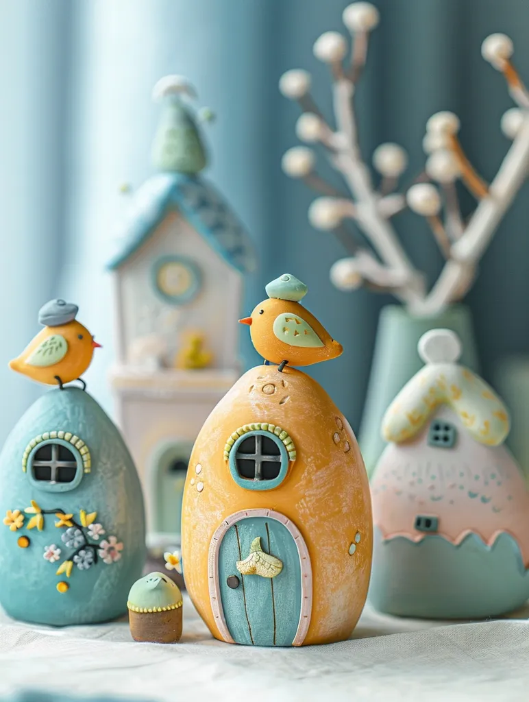 Four miniature houses, painted in soft colors, stand on a white surface. Two houses are egg-shaped, one is a traditional house, and the fourth is a squat, rounded structure.  A small bird sits on the roof of the yellow house.  A sprig of white flowers in a vase adds a delicate touch to the composition.  The overall feel is whimsical and charming.