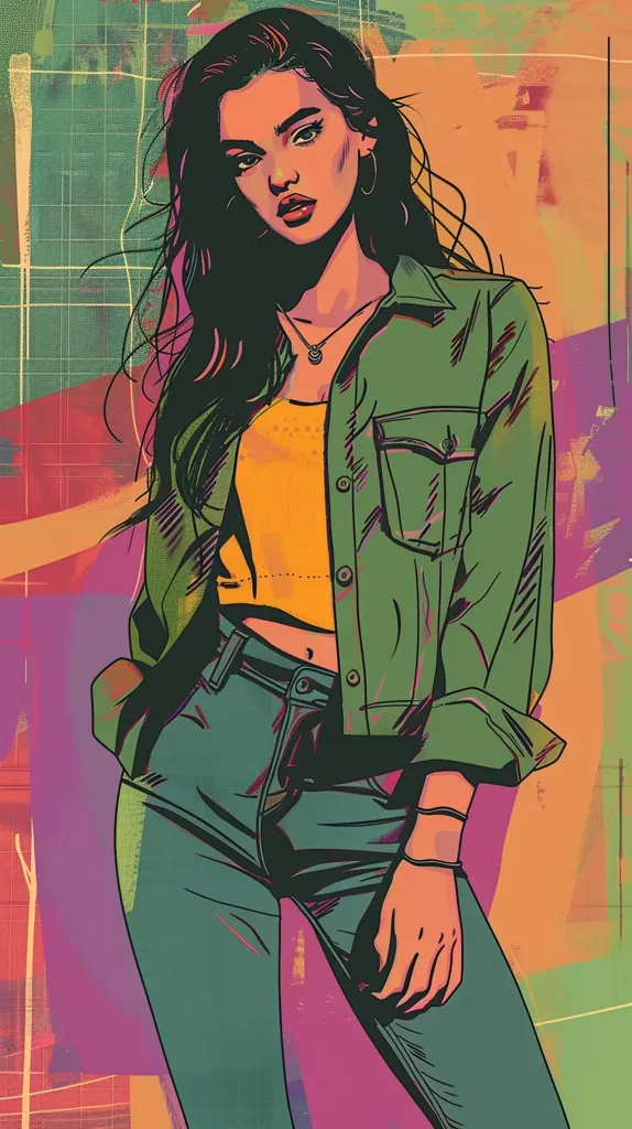 The image depicts a young woman with long dark hair, wearing a green jacket, a yellow crop top, and blue jeans. She has a confident expression and is posed in a casual, relaxed manner. The background is a vibrant mix of colors and textures, creating a dynamic and visually stimulating scene. The overall style of the image is reminiscent of a comic book or graphic novel.