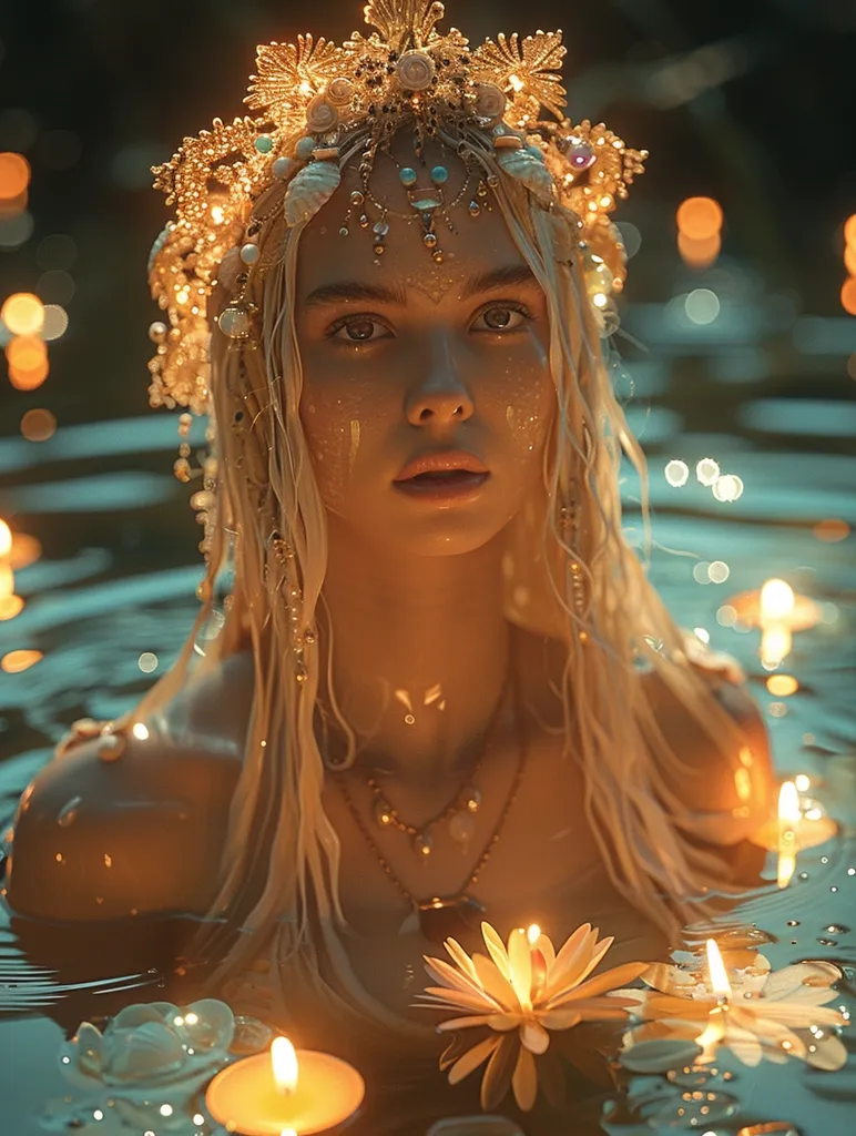 A woman with long blonde hair and a golden crown adorned with shells and jewels sits in a pool of water, surrounded by lit candles and floating flowers. The warm light of the candles illuminates her face, which has a serene expression. The overall mood is ethereal and mystical.