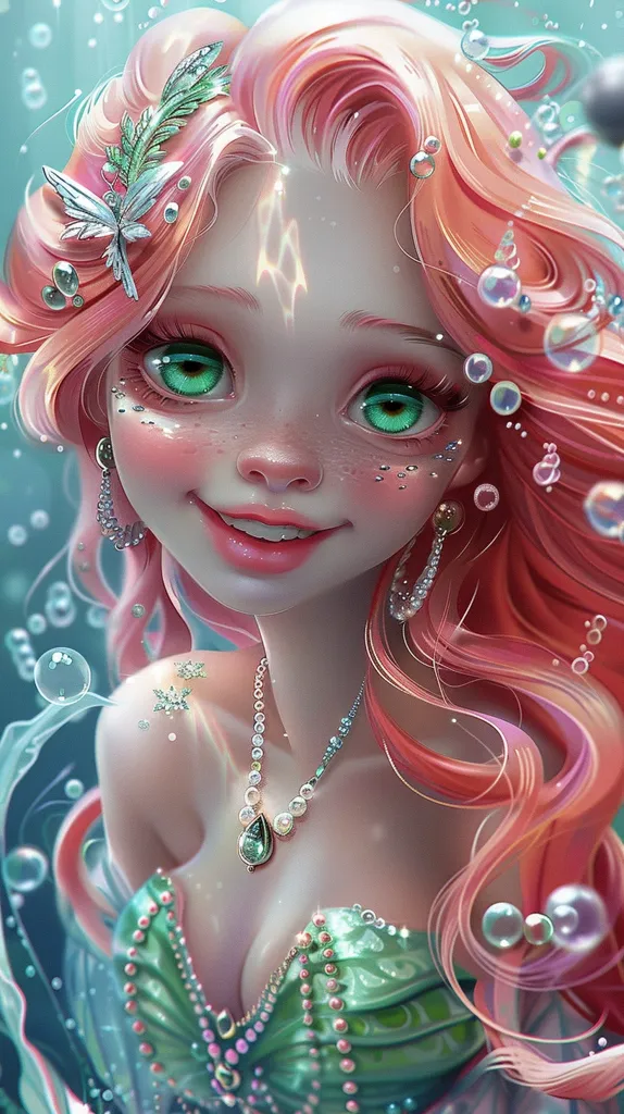 A beautiful animated mermaid with long pink hair, sparkling green eyes, and a sweet smile. She is wearing a green and gold seashell bra, a pearl necklace with a green gem pendant, and pearl earrings.  Bubbles surround her, suggesting she is underwater.  The image has a whimsical and magical quality.