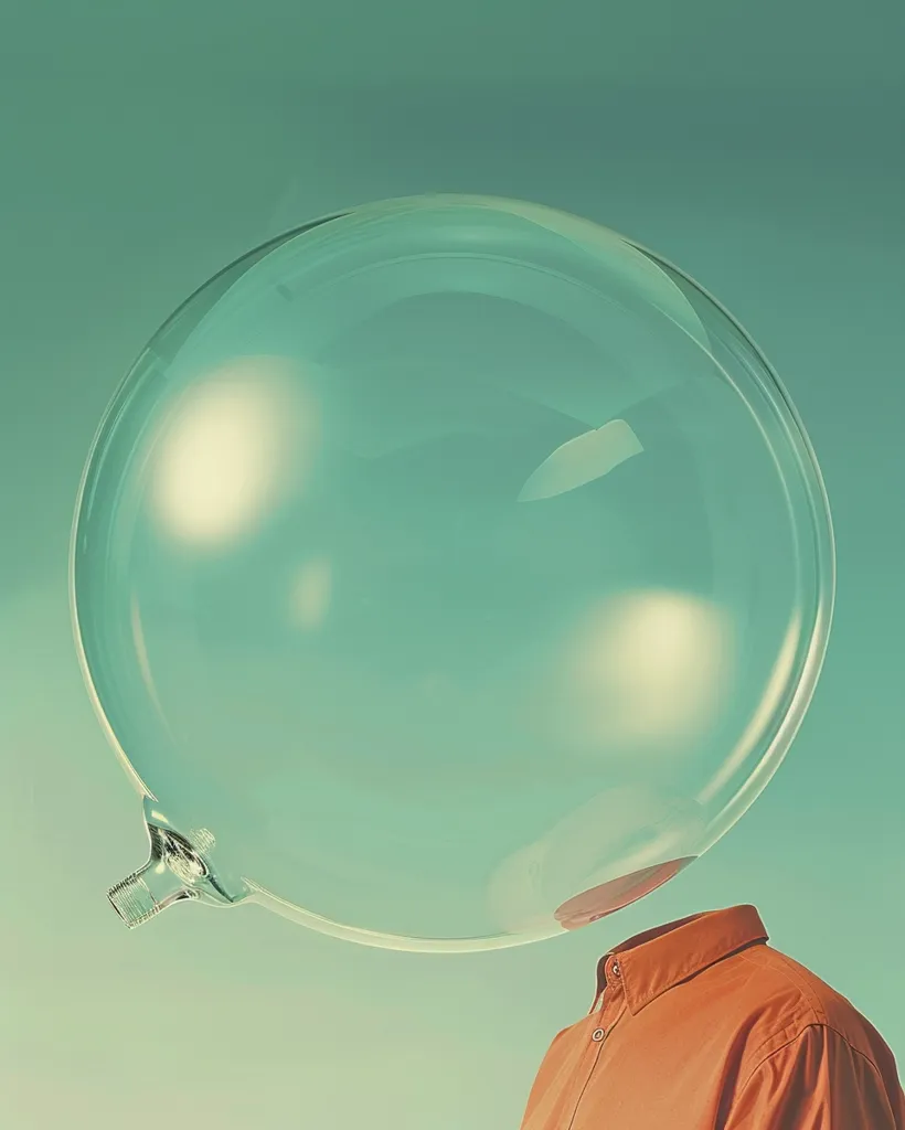 A large, transparent sphere, resembling a bubble, sits atop the head of a person wearing an orange button-down shirt. The sphere is the main focal point, with the person's body obscured by it. The background is a muted, light green. The image evokes a sense of mystery and isolation, with the bubble symbolizing a protective barrier or a state of seclusion.