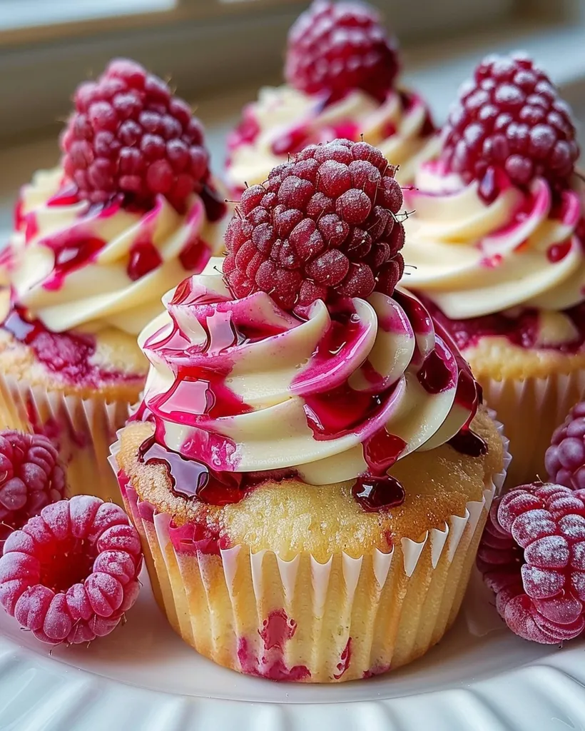 A close-up shot of four cupcakes, each topped with a fresh raspberry and a swirl of vanilla frosting.  The cupcakes are decorated with a drizzle of pink frosting and a sprinkle of powdered sugar. They are sitting on a white plate. The cupcakes are perfectly arranged and look delicious.