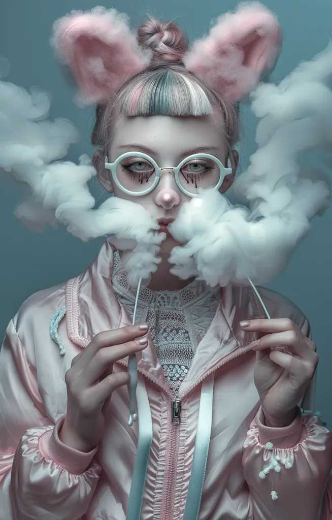 A young woman with pink fluffy bunny ears and white round glasses is surrounded by white smoke. She wears a pink satin jacket and her pale skin is highlighted by the smoke. Her eyes are covered in black mascara and her lips are painted a dark red color. The overall image is both ethereal and unsettling.