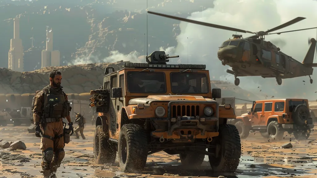 A soldier in camouflage gear walks through a muddy desert landscape, carrying a weapon. A large military vehicle is parked in front of him, and a helicopter hovers overhead. The scene is set against a backdrop of tall buildings and a rocky mountain range. The vehicles and soldier are in a state of preparedness, suggesting a military operation. The overall mood of the image is one of tension and anticipation.