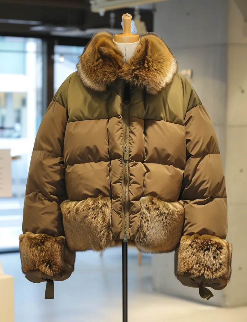 The image shows a brown and olive green puffer jacket with a large fur collar, fur cuffs, and fur accents on the pockets. The jacket is on a mannequin in a store setting, with a blurred background. The jacket has a zipper closure and a quilted design.