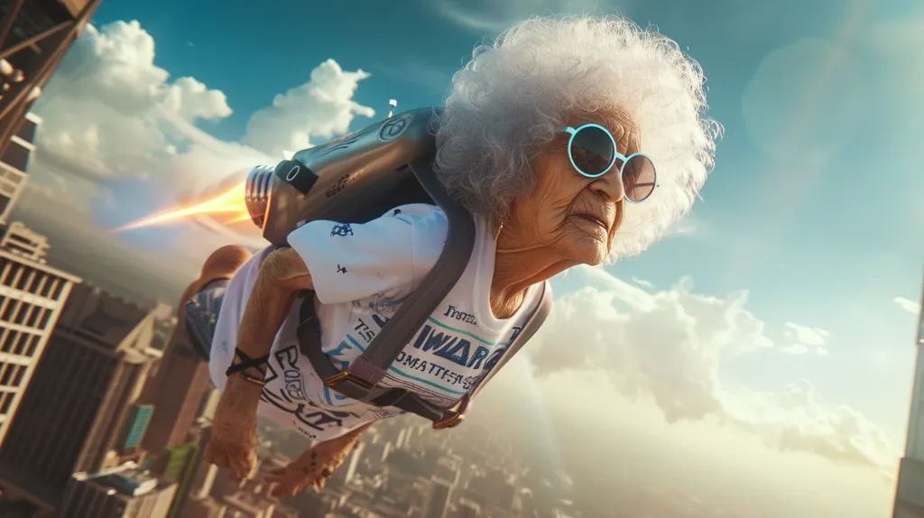 An elderly woman with white hair and sunglasses is flying through the air with a jetpack. She is wearing a white t-shirt and a backpack, and the jetpack is firing a stream of flame. She is flying over a city, and the sky is blue with white clouds. The image is humorous and playful, suggesting that it's never too late to embrace adventure.