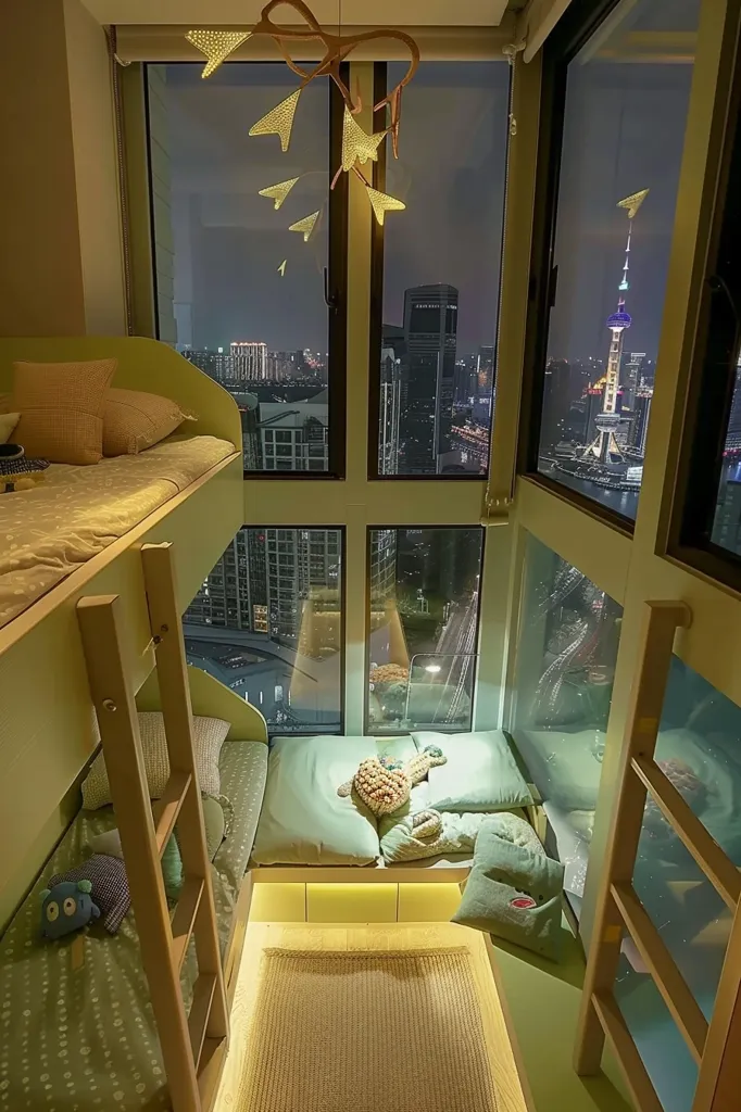 A bunk bed with green bedding sits in a room with large windows offering panoramic views of a city skyline at night. A light fixture hangs from the ceiling, casting a warm glow on the room. The lower bunk is made up with plush pillows and a stuffed animal. A soft, textured rug covers the floor. The overall aesthetic is cozy and inviting.
