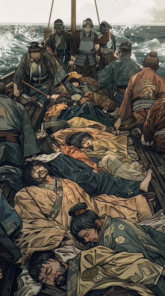 The image depicts a crowded boat on a stormy sea, filled with people dressed in traditional Japanese attire. The boat is crammed with men, women, and children, all huddled together for safety. Some are standing, others are seated, and many are lying down, exhausted and seeking shelter from the harsh conditions. The scene is a powerful visual representation of hardship and desperation.  The men are dressed in formal, traditional garb, including samurai armor, while the women are wearing brightly coloured kimonos. The overall tone of the image is one of urgency and unease, conveying the perilous nature of the journey.