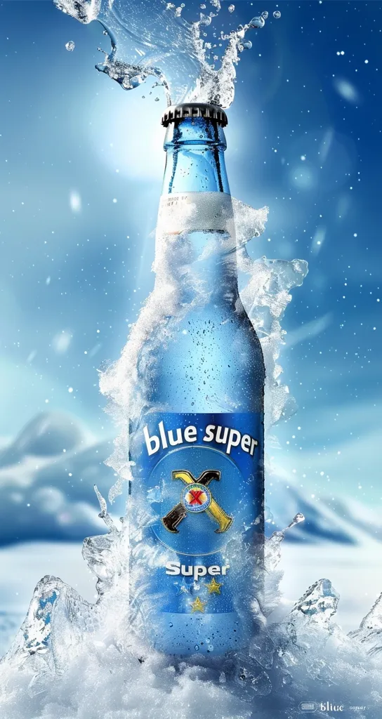 A blue glass bottle of "Blue Super" beer is partially submerged in ice and water. The bottle is frosted with ice and water is splashing around it. The background is a bright blue sky with snowflakes falling. The bottle has a white label with the brand name and a red "X" with a circle in the center.  The bottom of the label says "Super" in white letters.  The bottle is a symbol of refreshment and the icy water represents cold and invigorating.