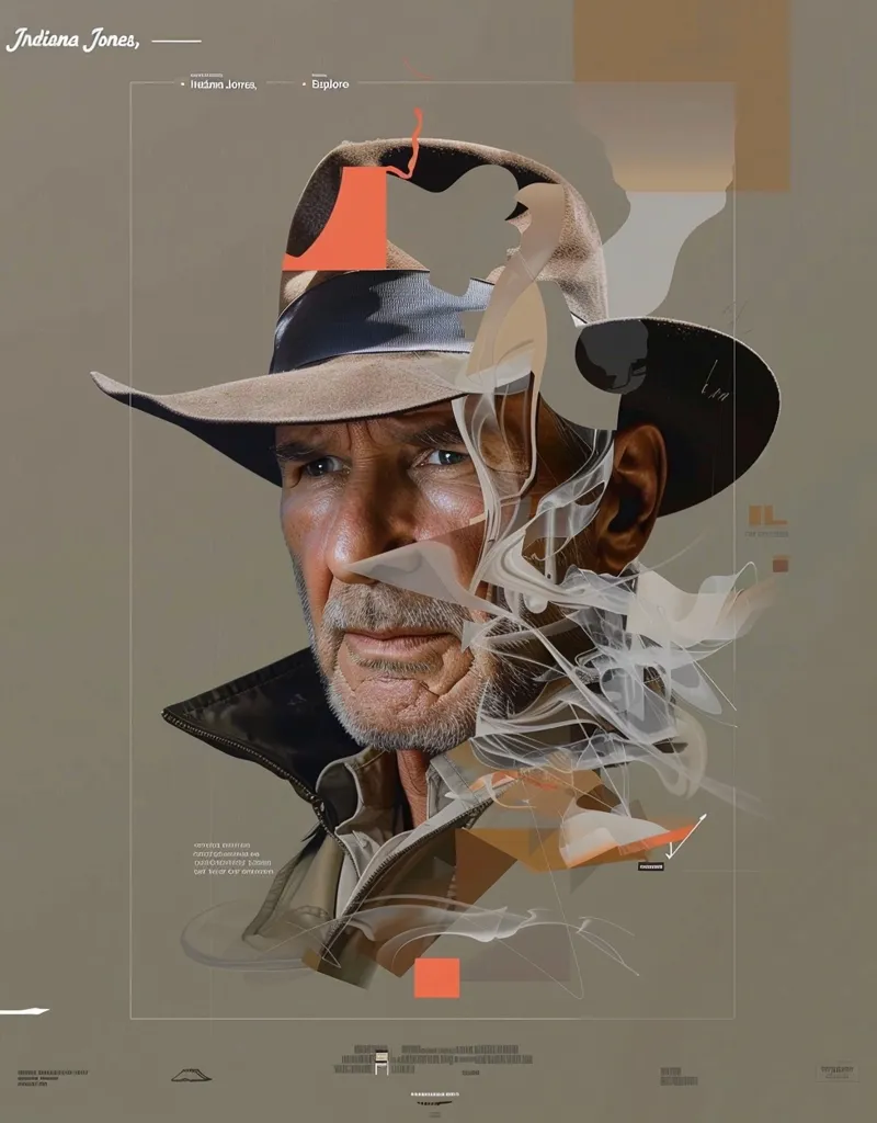 The poster features a close-up portrait of Harrison Ford as Indiana Jones, his iconic fedora casting a shadow over his weathered face. The image is overlaid with abstract shapes and lines, creating a sense of movement and mystery. The title, "Indiana Jones," is printed in a bold, retro font, suggesting adventure and excitement. The poster's overall design evokes a sense of nostalgia and anticipation for the latest installment in the beloved film franchise.