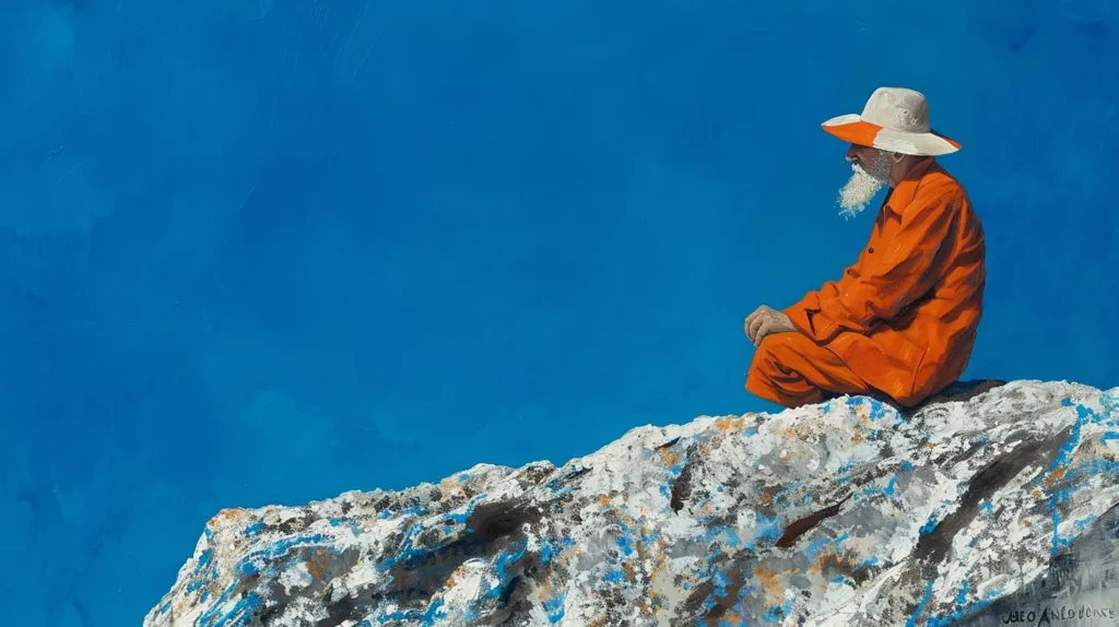 An elderly man, wearing an orange jumpsuit and a wide-brimmed hat, sits on a rocky outcrop against a bright blue sky. His white beard is prominent, and he appears lost in contemplation. The painting's simplicity emphasizes the man's solitude and the vastness of the sky.