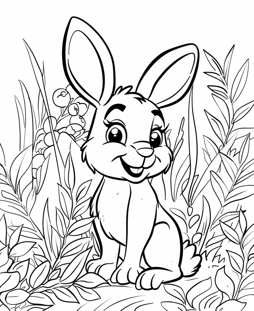 A cartoon rabbit sits in a field of tall grass, its large ears perked up. It has big, round eyes and a small, upturned nose. It is smiling, showing its teeth. The rabbit is surrounded by leaves and berries. It is a simple line drawing that would be suitable for a coloring book.