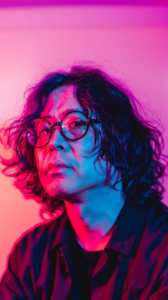 A man with curly, dark hair wears round, black framed glasses and a black jacket. The light is pink and blue, casting a neon glow on his face. He stares directly at the camera, his expression serious. The background is a solid, blurred pink. The photo is taken close-up, focusing on his face and upper torso.