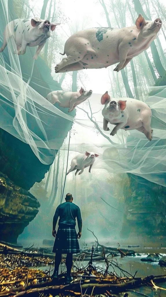 The image shows a man in a kilt standing in a misty forest. Above him, four pigs are flying, suspended by a delicate white fabric. The pigs are white with black spots, and their expressions are serene. The forest is lush and green, with tall trees and a flowing stream. The overall effect is dreamlike and surreal.