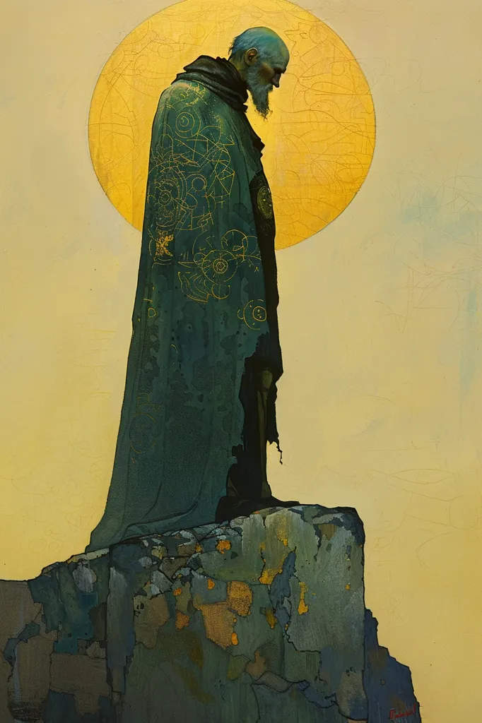 The painting depicts a solitary figure, an old man with a long white beard, standing on a cliff. He is dressed in a long, dark robe with intricate golden patterns, and his head is bowed as if in contemplation. The background is a soft, golden yellow, with a large, circular sun or moon behind him. The painting evokes a sense of mystery and solitude.