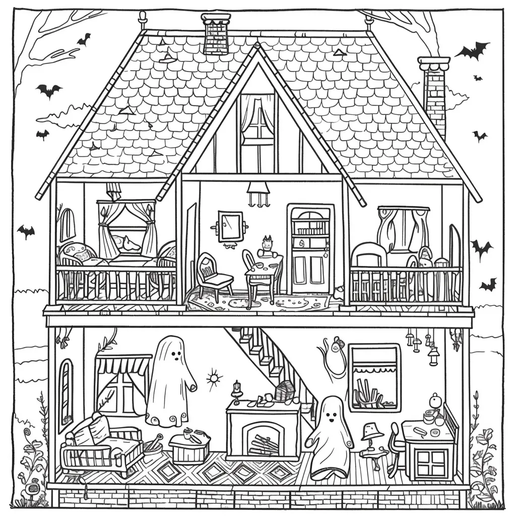 A two-story house with a spooky Halloween theme. The house is filled with details such as a fireplace, a staircase, a table with chairs, and a window with curtains. There are ghosts, bats, and other spooky decorations throughout the house.  The illustration is outlined in black and white, waiting to be colored.