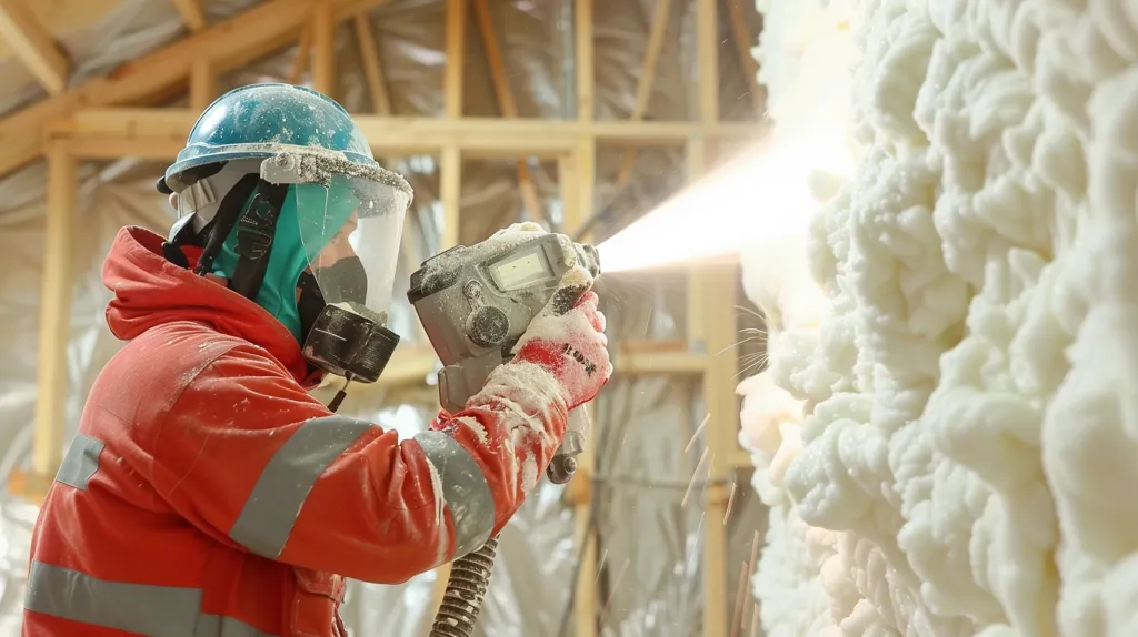 A construction worker in a red jumpsuit and a protective face mask is spraying foam insulation onto a wooden frame. He is wearing a blue helmet and red gloves. The foam is being sprayed in a thick layer onto the wall. The worker is in a well-lit area with a lot of light shining through the windows. The foam is white and fluffy. The worker is holding a spray gun in his right hand. The spray gun is connected to a hose.  The worker is focused on his task and is working with precision.