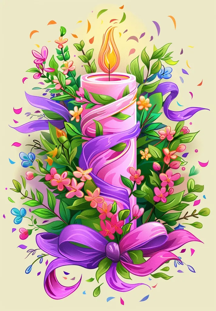 A pink candle with a flame is surrounded by a bouquet of lush green leaves and delicate pink flowers. The candle is tied with a purple ribbon that forms a bow at the bottom. The image is set against a light yellow background with confetti-like sprinkles scattered around. The overall impression is one of joy, celebration, and romance.