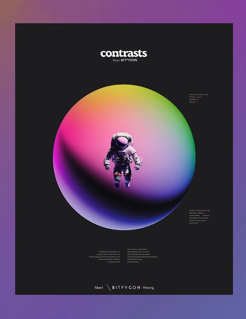 The image is a poster with a black background and a large, colorful sphere in the center. The sphere has a gradient of pink, purple, yellow, and green. Inside the sphere, a white astronaut in a space suit is floating. The poster has the words "contrasts" and "fibori BITFYGON filtering" at the bottom. It appears to be an advertisement for a digital art studio.
