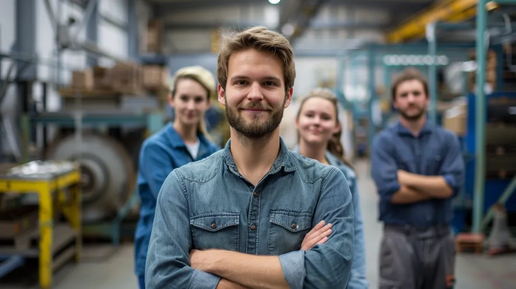 A man with a beard and a blue button-down shirt stands with his arms crossed in front of him in a factory setting. Two women and another man stand behind him, slightly out of focus. The factory is busy with large machinery and metal shelving. The man looks confident and ready to work.