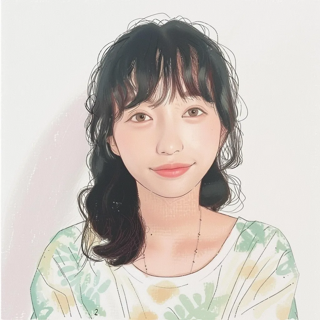 A young woman with long black hair and bangs smiles softly at the camera.  She is wearing a white t-shirt with a green and yellow floral design. The background is a soft white with a light pink tint.  The image has a gentle and calming aesthetic.