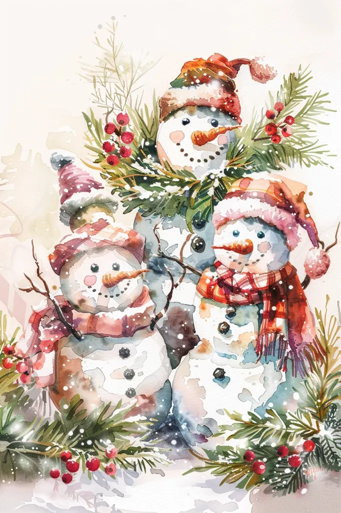 A watercolor painting of three snowmen. The snowmen are surrounded by green pine branches with red berries. The snowmen are wearing scarves and hats. The background is a soft beige color with snowflakes falling. The snowmen are smiling and looking happy.