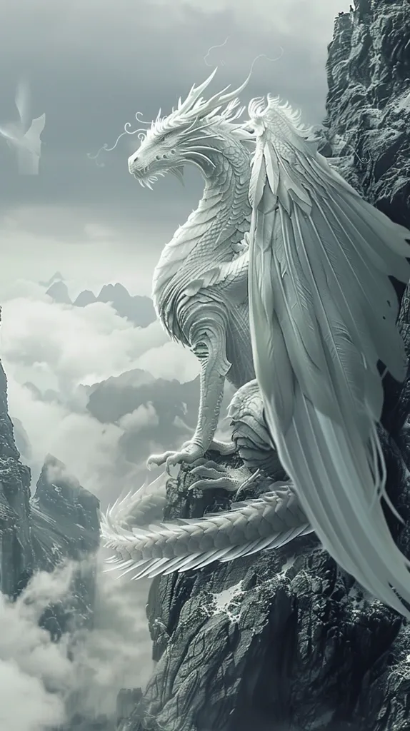 A majestic white dragon with feathery wings perches atop a craggy mountain peak. Its scales shimmer in the soft, ethereal light, and its gaze is focused on the distant horizon. The clouds swirl around the dragon, creating a sense of otherworldly mystery and power. The image evokes a sense of both beauty and danger, reminding us of the mythical creatures that inhabit the realms of imagination.