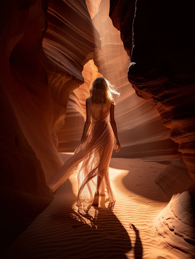 A woman in a flowing gown walks through a narrow canyon, her blonde hair blowing in the wind.  The light from the opening above casts a warm glow on the sandy walls and her dress, creating a sense of mystery and wonder. The image evokes a feeling of exploration and the beauty of the natural world.