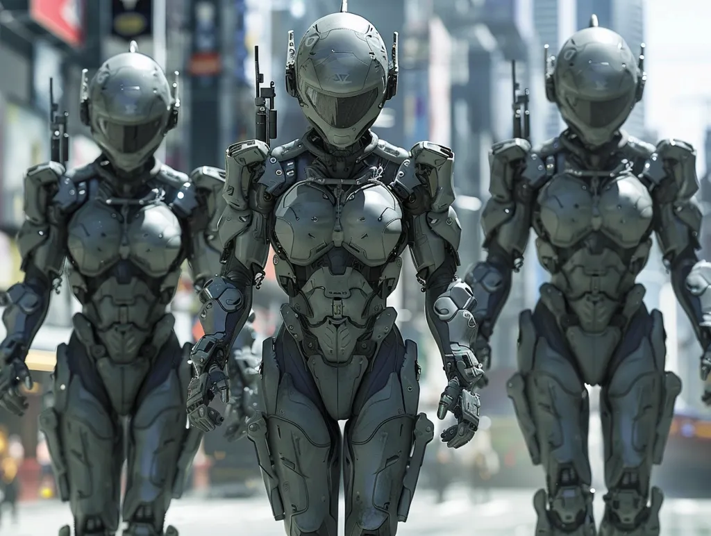 Three humanoid robots in grey armor and helmets are walking in a city. The robot in the middle is facing the camera and its hands are up, almost in a surrender position. The other two robots are to the left and right, slightly out of focus. The background is a blurry city scene. The robots appear to be part of a military force.