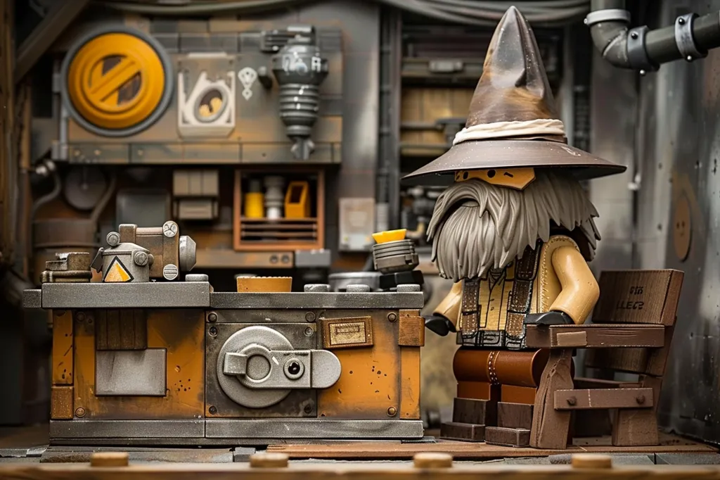 A Lego figure wearing a large brown hat sits in a small, rustic room with wooden floors. He is dressed in brown pants and a brown vest, and his long white beard rests on his chest. He sits next to a small wooden table with a box attached to the side. There is a large, rusted safe in the corner of the room.  The walls are painted a rusty orange and are adorned with various metal pipes and other industrial fixtures.