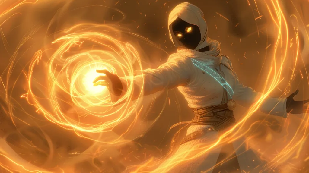 The image depicts a cloaked figure, likely a sorcerer, casting a spell. Their hand is outstretched towards a swirling orb of radiant energy, emanating from the palm of their hand. The image is filled with warm, golden hues, suggesting a potent and mystical power at play. The figure's face is obscured by a hood, adding to the air of mystery and intrigue.  The overall scene conveys a sense of intense magical energy and power.