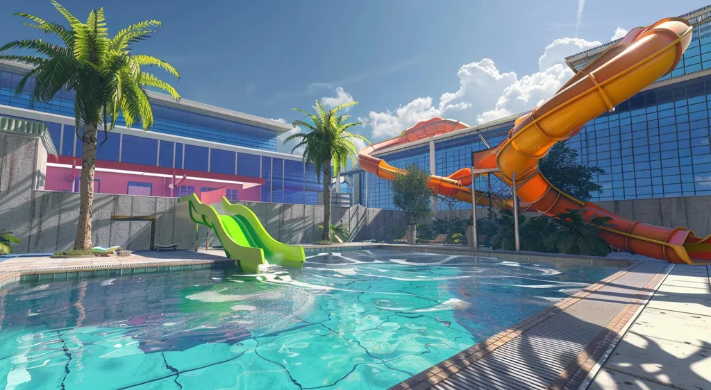 A water park with a large pool surrounded by palm trees. There are two water slides, one green and one orange. The pool is empty and the sky is blue with white clouds. The background features a large building with blue windows. The scene is bright and sunny.